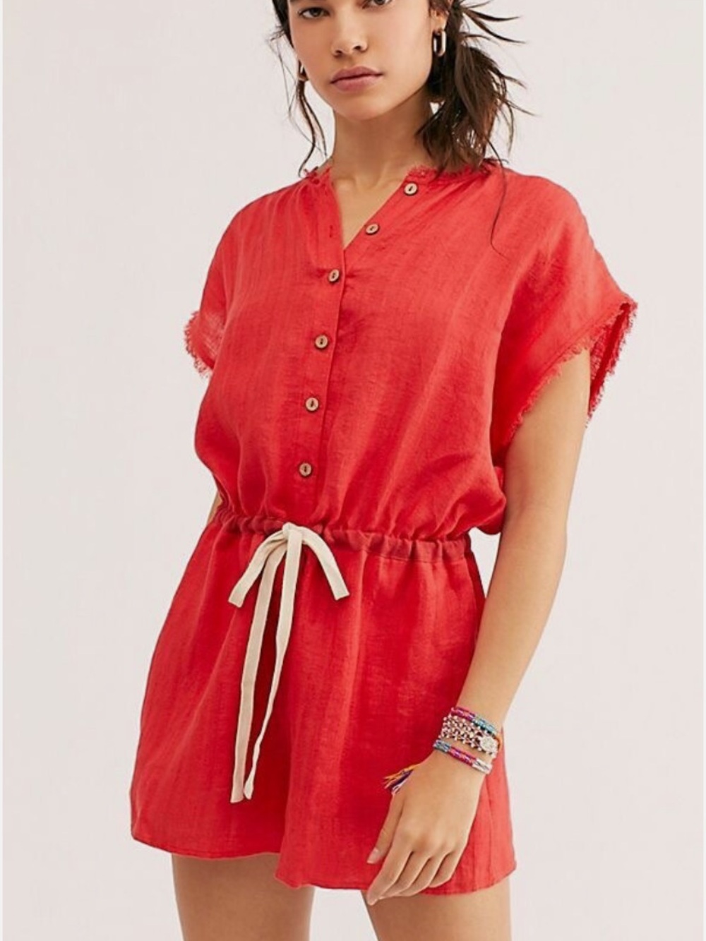 Free People Crimson Button-Front Romper with Drawstring Linen